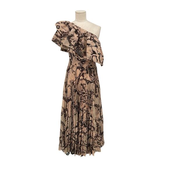 NWT Solace London Rosa Dress One Shoulder Snake Print Ruffle Pleated Size 0  - www.ice4pros.com.br
